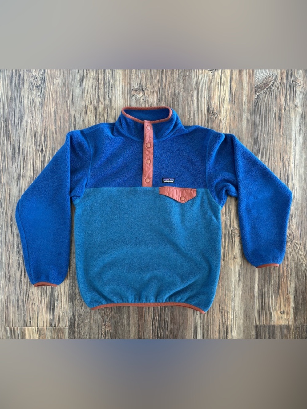 Patagonia Kids Blue Teal Pullover Fleece with Rust Trim